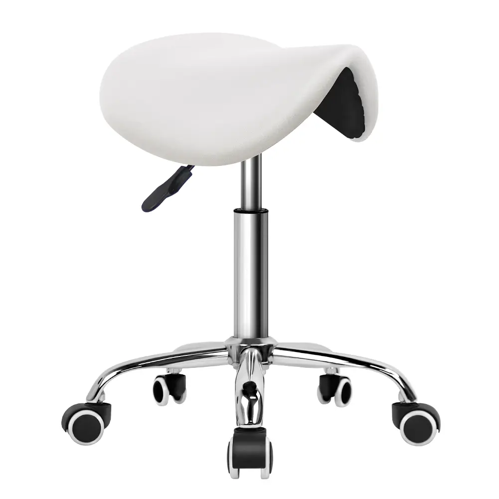 KKTONER Modern Rolling Saddle Stool - PU Leather Ergonomic Swivel Chair, Adjustable, with Rolling Wheels, Salon-Ready Indoor Furniture (White)