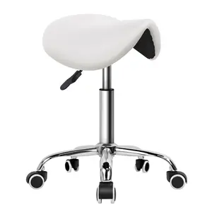 KKTONER Rolling Saddle Stool PU Leather Swivel Adjustable Rolling Stool with Wheels Salon Chair White