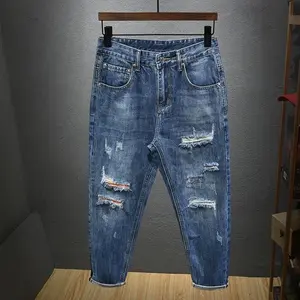 Men's Ripped Hole Patch Hip Hop Straight Jeans Retro Washed Blue Beggar Denim Harem Cropped Pants