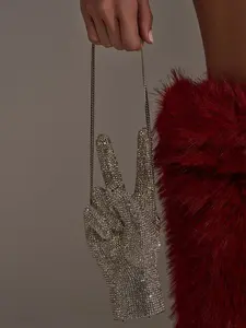 Women Novelty Victory Fingers Rhinestone Evening Bag Dazzling Crystal Clutch Purse Party Handbag for Prom Banquet