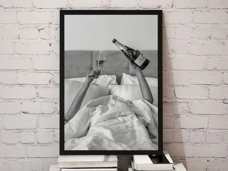 Woman Drinking Wine in Bed Poster, Bar Cart Print, Black and White, Cocktail Wall Art, Alcohol Poster