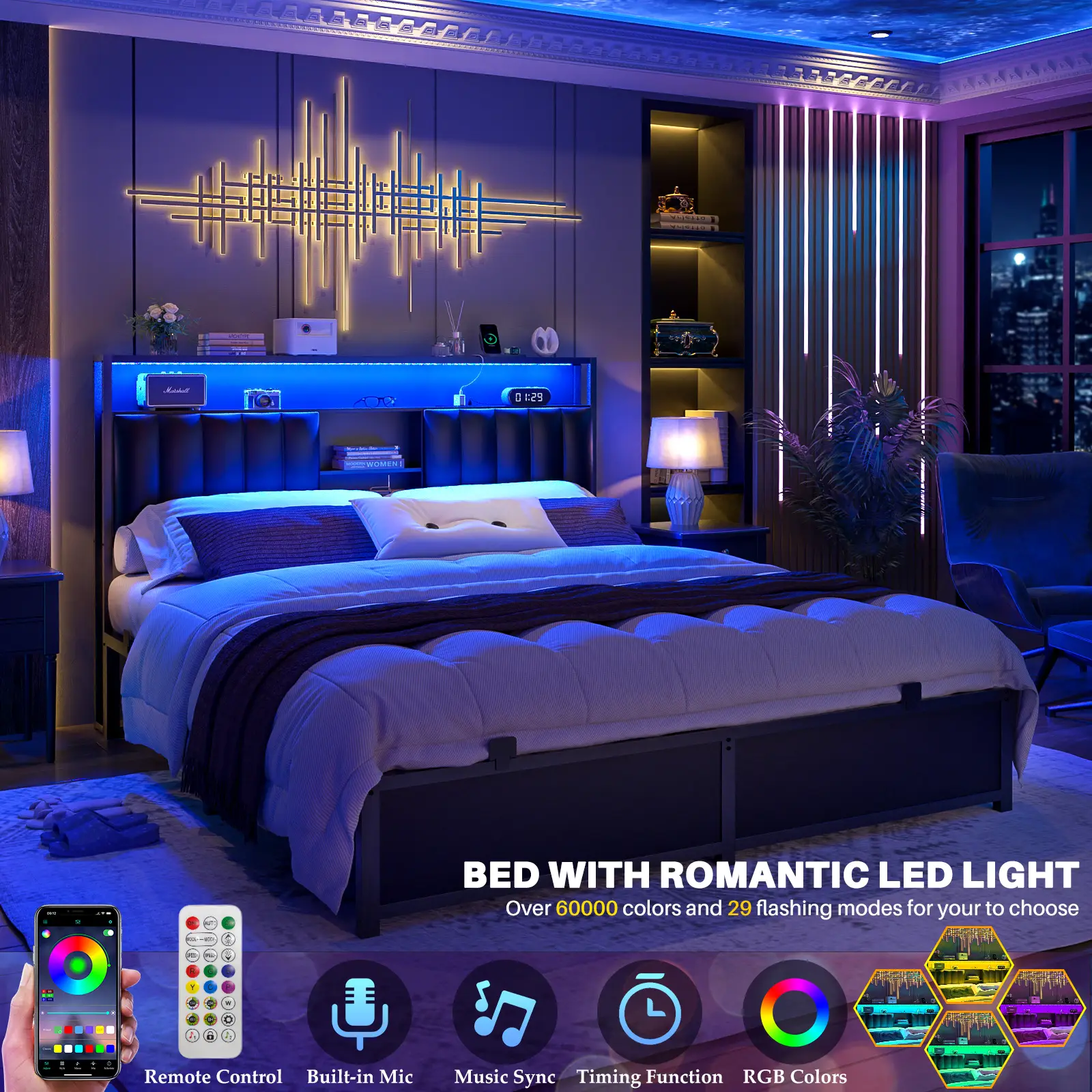 Cyclysio King/Queen/Full Size Bed Frame with Charging Station & Led Light, Platform Bed with Leather Upholstered Headboard and Storage, mega bed