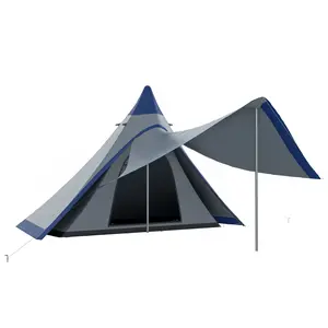 15.4'x15.4'x8.5' Teepee Camping Tent, 2-3 Person Waterproof Model with Extended Porch Canopy, Reinforced Floor, 2000mm UV-Protection Oxford Fabric, Instant Setup, Portable Backpacking Design with Carry Bag for Hiking Outdoor Use