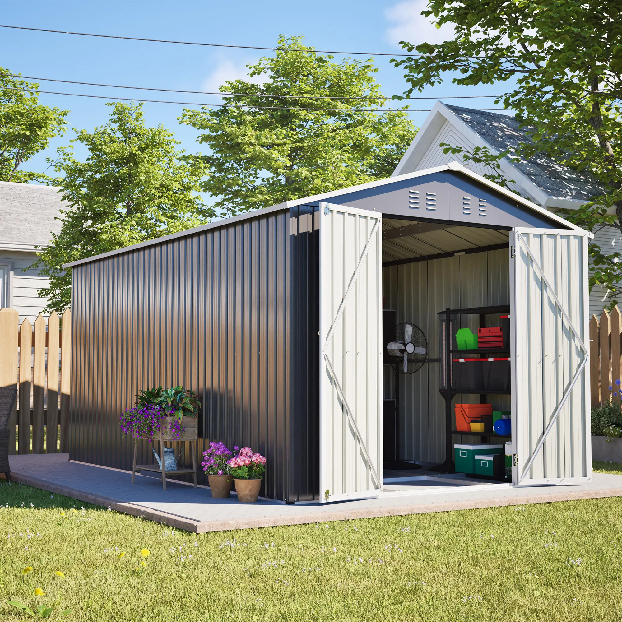 8x12 FT Outdoor Metal Storage Shed, Large Garden Tool Shed with Double Doors and Lockable Handle, Ample Space for Lawn Mower, Bicycle, Patio Equipment, Water-Shedding Sloped Roof with Vents, Aluminum Frame
