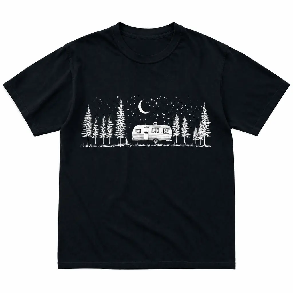 100% Cotton Casual Tee - Classic Casual Wear, Round Neck, Breathable, Camper Forest Night Print Sports Top, Machine Washable (For Campfire Nights, No City Lights Use), Clothes For Women, Camper Forest Night Shape Print