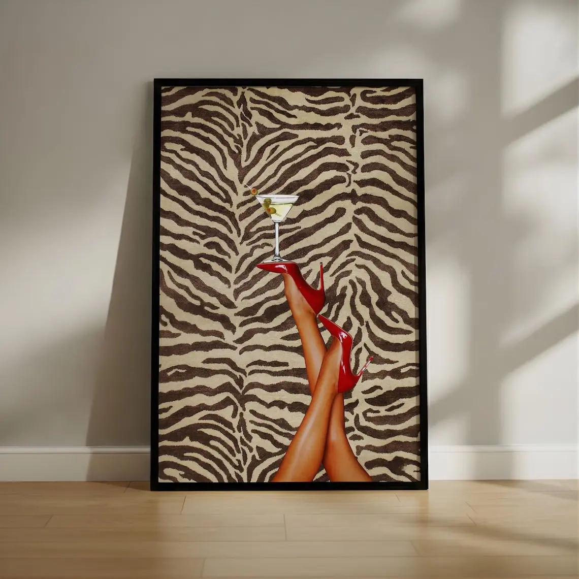 Red Heels & Martini Poster | Bold Zebra Pattern Wall Art | Retro Glam Fashion Print for Chic Interiors