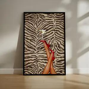 Red Heels & Martini Poster | Bold Zebra Pattern Wall Art | Retro Glam Fashion Print for Chic Interiors