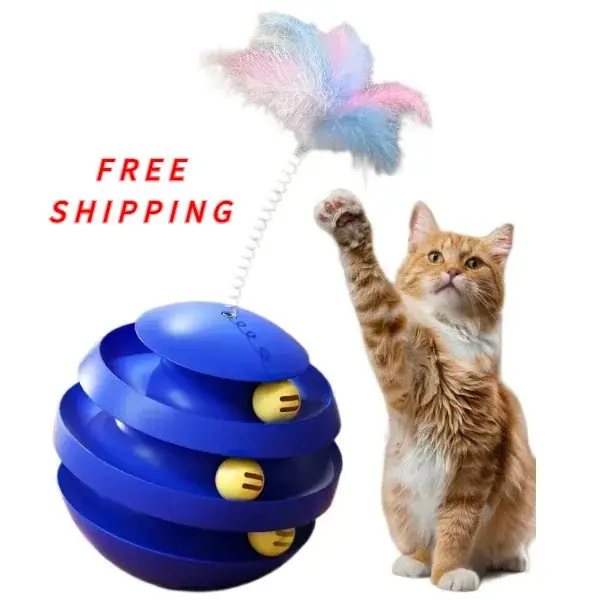 Self-Moving 3-Tier playology cat toys + FREE Feather Wand Auto-Spinning Ball Tra...