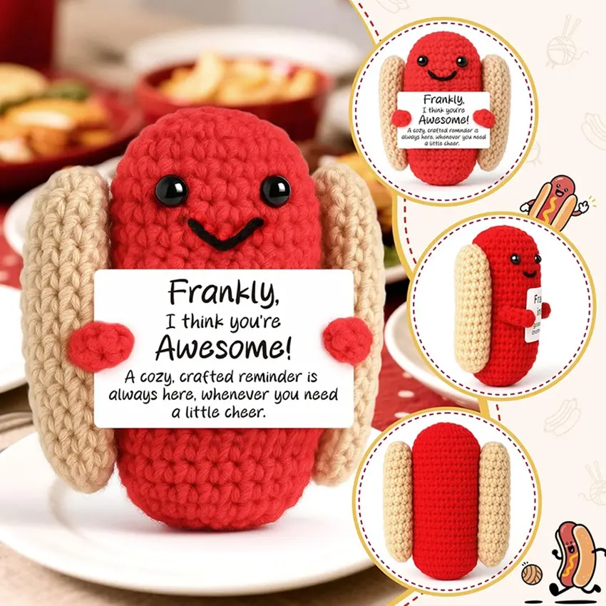 Handmade Positive Crochet Hot Dog with Encouragement Card