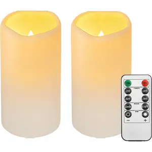 2PACK Outdoor Plastic flameless Candles with Remote Control and Timer, LED Flickering Battery Operated Electric Pillar Candles (D3 xH5.5) for Camping, Weddings, Home Decoration