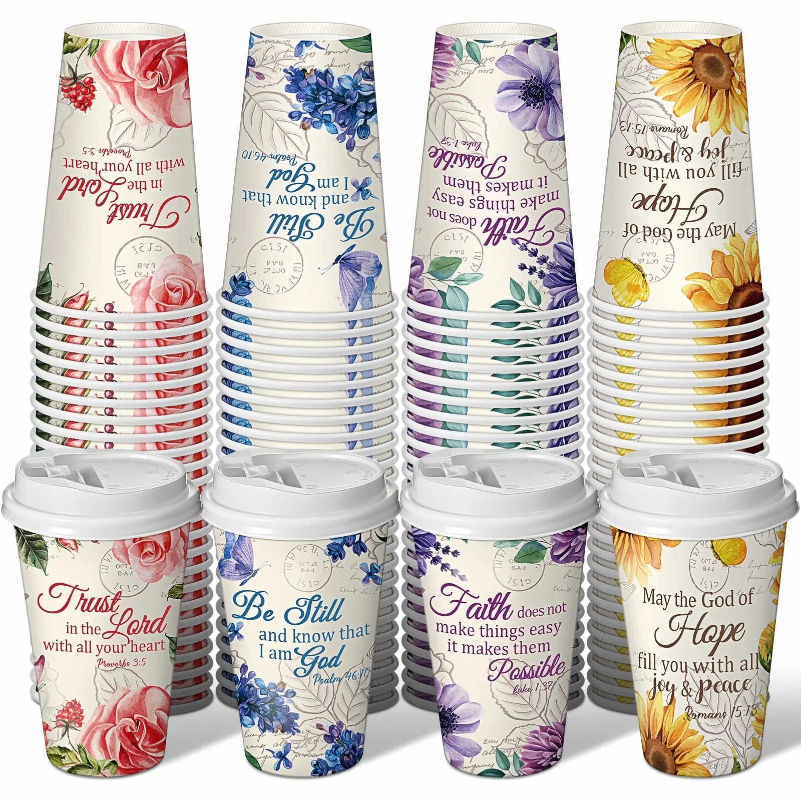 100pcs Disposable Coffee Cup With Lid And Straw 16 Oz Paper Floral Tea Cups Bulk Bible Verse Coffee Drinkware For Christian Floral Wedding Home Offices Supplies