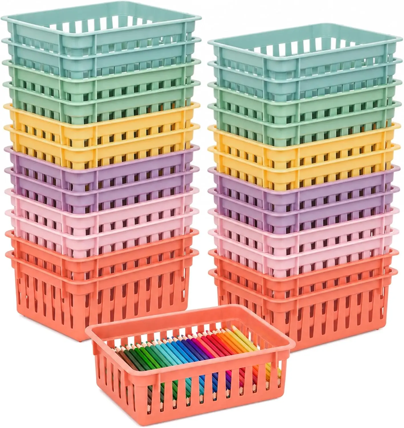 GISGFIM 24 Pack Classroom Small Plastic Baskets for Organizing Mini Pencil Crayon Storage Bins Classroom Container Boxes for School Teacher Supplies Home Office Desk 6.1" L X 4.7" W X 2.4" H