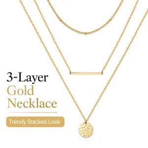 Gold Layered Necklace for Women, 3 Layer Chain Necklace with Bar Pendant & Hammered Coin Charm, Trendy Minimalist Jewelry Gift