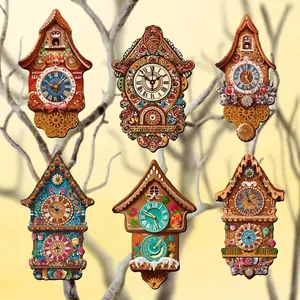 Designocracy 8090020C-S6 2x2x0.25 in. Miniature Clock Decorative Wooden Clip-on Ornaments, Set of 6 - Jolly Christmas Decor, Gift for Tree Decoration