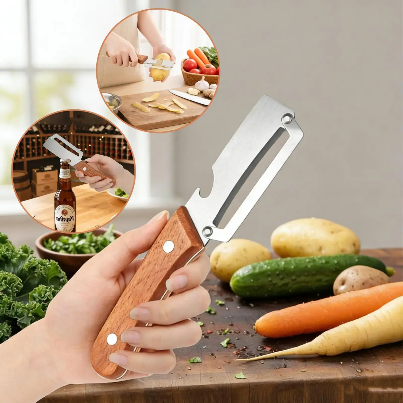 2 PCS 2-in-1 Fruit & Veggie Peeler with Bottle Opener Sharp Stainless Steel Wooden Handle Ergonomic Non-slip Design for Comfortable Grip，Can Cut Meat and Vegetables, Can Cut Fruit, ，Camping EquipmentCan Cut Steak,Essential Camping Tool