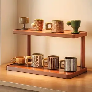 Multi-Layer Coffee Cup Rack, Wooden Glossy Storage Shelf, Double Tiers, Ideal for Kitchen Living Room Desk Small Potted Plants, Floor Standing Organizer