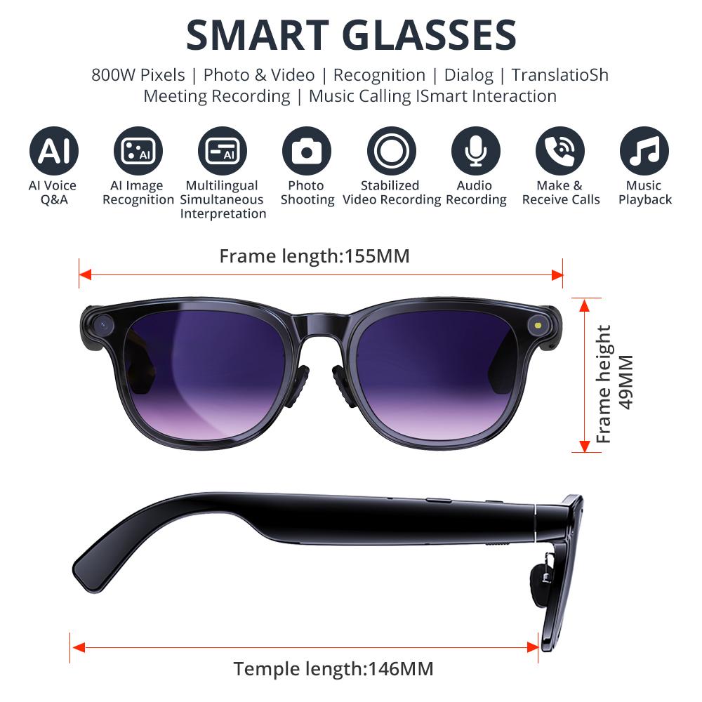 Turbosun A2 AI Smart Glasses,2K Video Recording,AI Glasses with Real-Time Translator, Immersive Open-Ear Sound & Hands-Free Photo Capture – Perfect for Adventurers