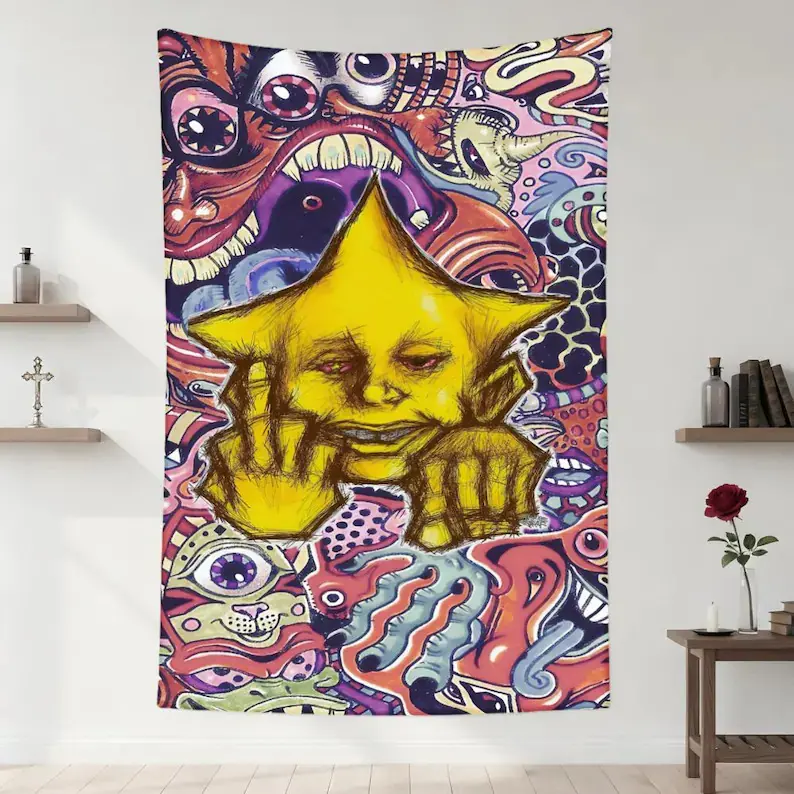 Colorful Psychedelic Star Face Wall Tapestry 2D Flat Printing Non Real Embroidery Art Decor For Living Trippy Psychedelic Star Face Tapestry, Surreal Monster Collage Wall Hanging, Whimsical Star Character Art, Maximalist Boho Trippy Room Decor
