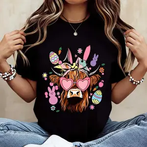 Easter Bunny Ears Cow and Egg Print T Shirt Women Casual Short Sleeve Round Neck Spring Festival Celebration