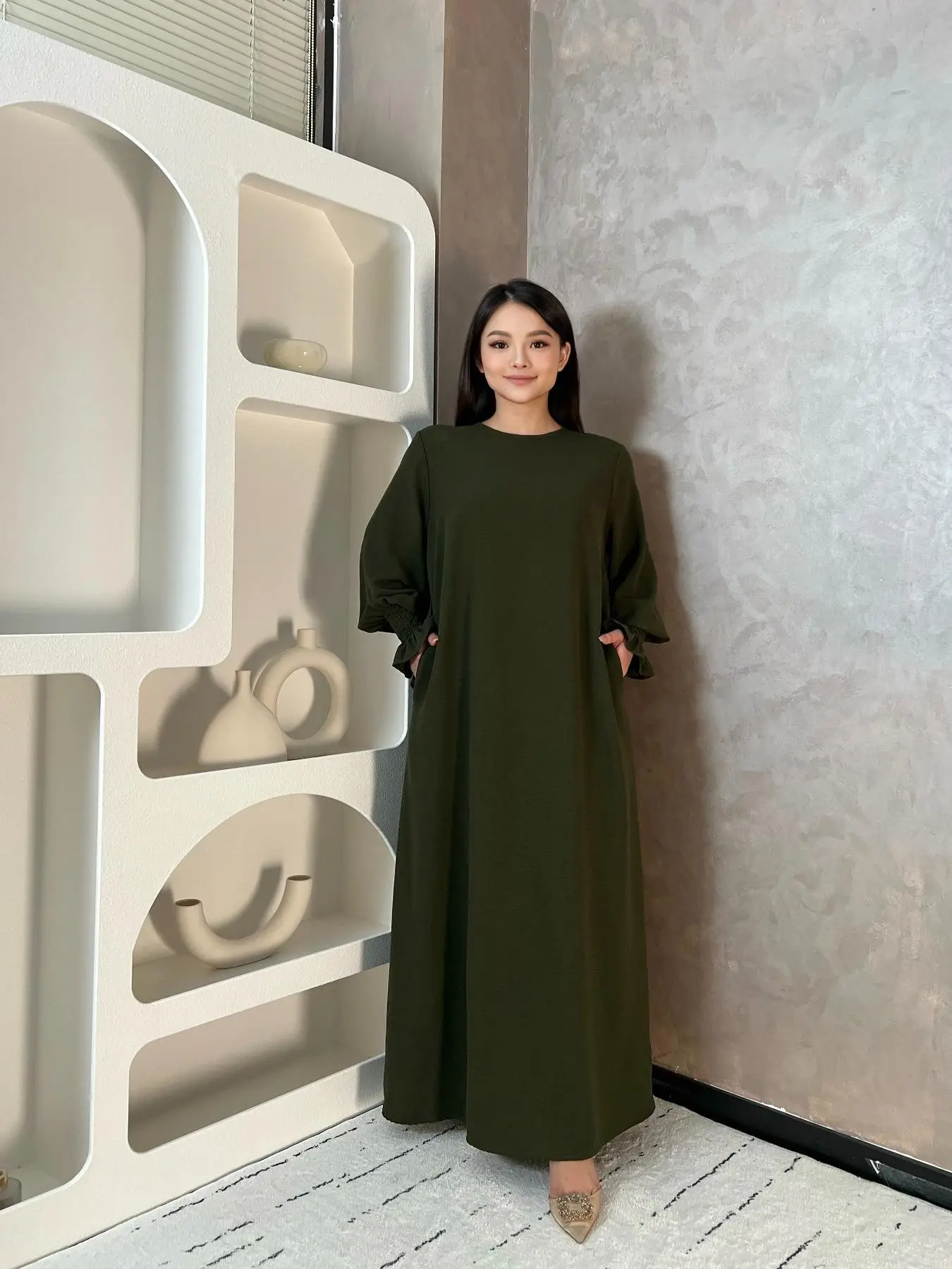 Women's Plain Flounce Sleeve Shirred Boat Neck Arabian Dress, Summer Outfits 2024, Elegant Long Sleeve Dress for Spring & Fall, Sundress Maxi Dress, I