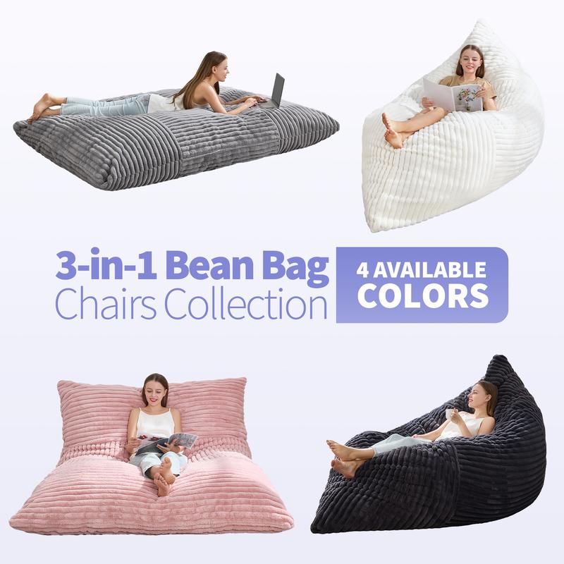 【Hobestluk】3 in 1 Giant Bean Bag Chairs Convertible Bean Bag Floor Cushion with Machine Washable Cover, Beanbag Chairs for Adult - 56"D x 76"W x 7"H