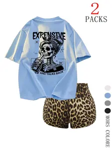 Women's Two-Piece Set Short Sleeve Top & Leopard Shorts, Oversized Breathable Fabric, High Waist Elastic Material, Casual Fit