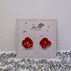 Handmade Polymerclay Red Flower Stud Earrings - Unique Design.