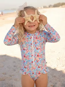 Girls' Floral Print One-Piece Swimsuit, Long Sleeve with Front Zipper, Perfect for Beach Vacation and Water Play, Ages 4-7