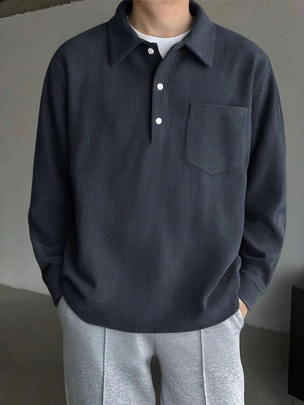 Black Corduroy Turndown Collar Long Sleeve Polo Shirt For Men, Loose Fit Casual Pullover Top, Spring/Autumn