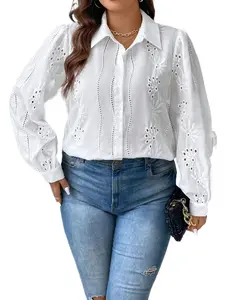 White Plus Size Eyelet Embroidered Button-Down Shirt with Collared Neck & Puff Long Sleeves, Cottagecore Aesthetic, Perfect for Brunch Dates, Casual Errands & Versatile Everyday OOTDs