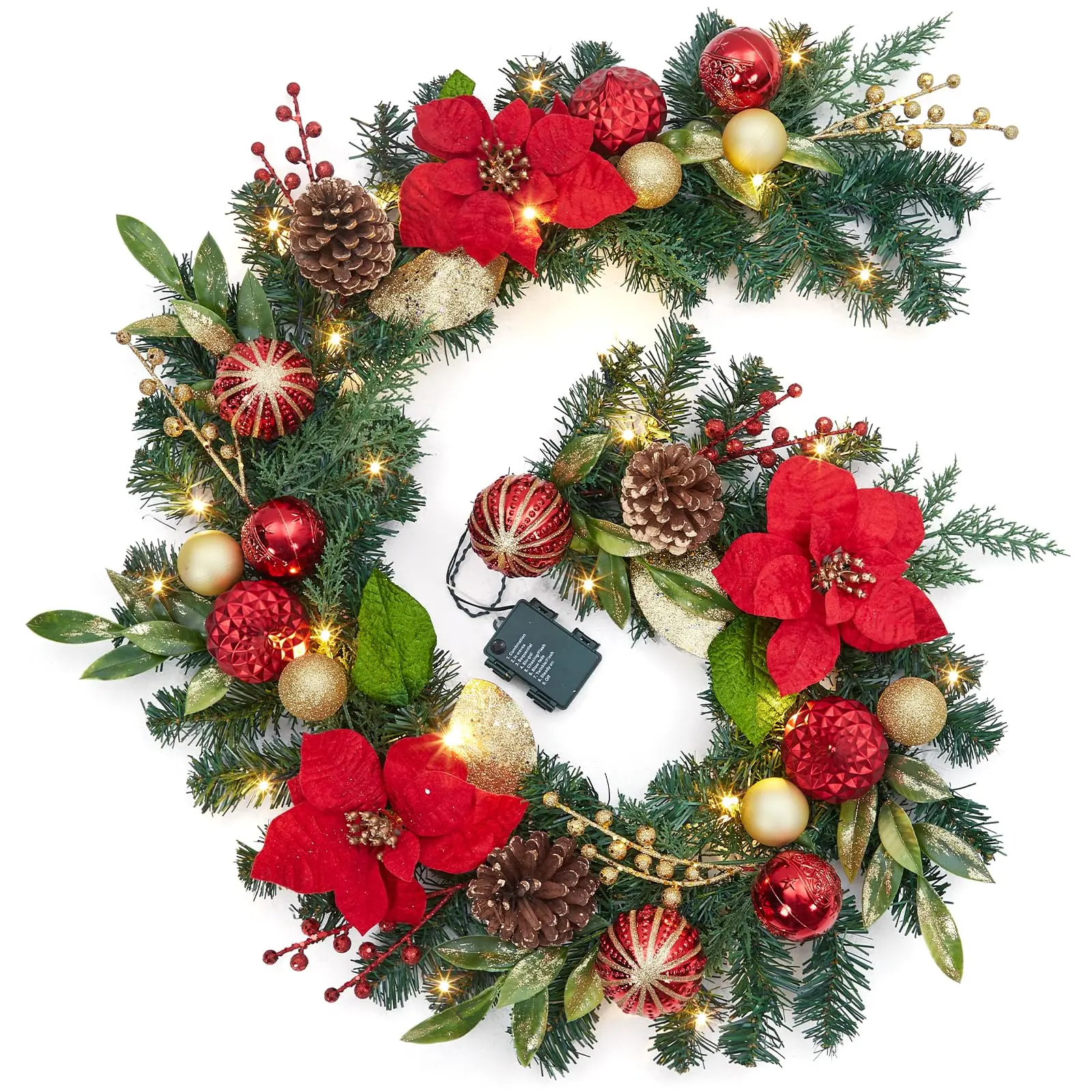 6ft Prelit Christmas Garland with Battery Lights, Red Berries & Poinsettias - Indoor/Outdoor Holiday Décor for Fireplace & Stairs