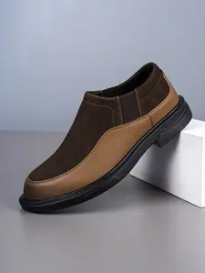 Men's Casual Loafer Shoes Thick Sole Non-Slip Fashionable Microfiber Leather Retro Colorblock Slip-On Sneakers