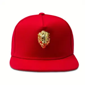 Fashion Red Hip Hop Snap Cap with Golden Lion Head Badge-Punk Rock Acrylic, Lightweight and Hand Washable-Ideal Gift for Street Dance Fans
