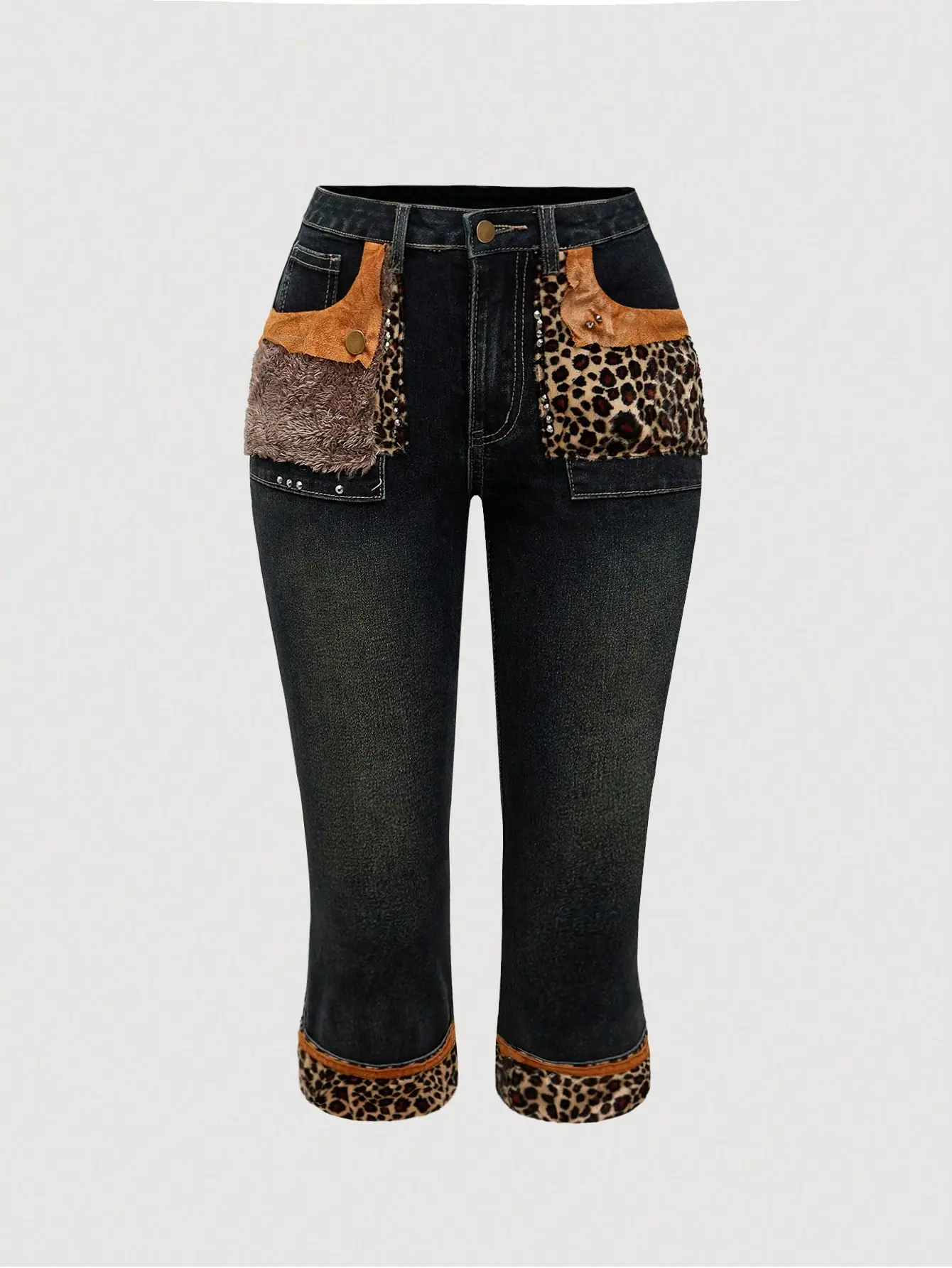 Women's Y2K Low Rise Capri Jeans Leopard Print Faux Fur Patchwork Vintage J-Fashion Denim Pants