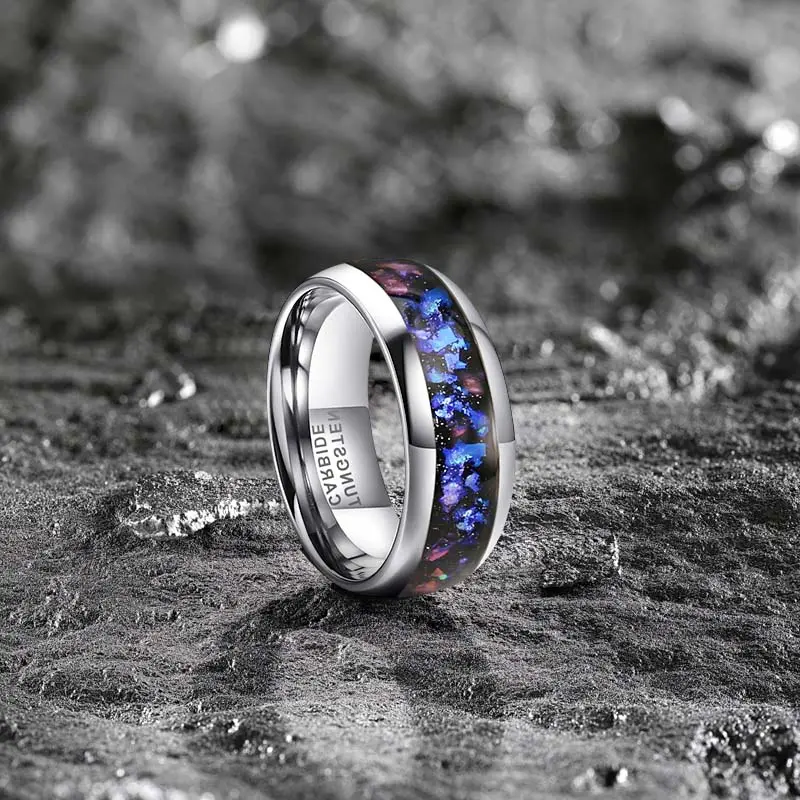 Men's 8mm Tungsten Ring with Blue Galaxy Opal Inlay, Durable & Scratch-Resistant Comfort Fit Wedding Band, Perfect Gift for Him