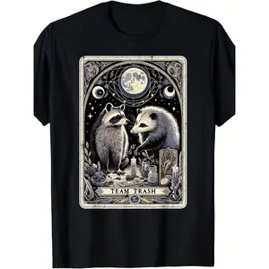 Team Trash Tarot Card Opossum Witchcraft Goth Possum Racoon T-Shirt  unisex t-shirt Casual Crew Neck Short Sleeve Tee, 100% Cotton Fabric, Slight Stretch, Summer Fashion Top, Regular Fit