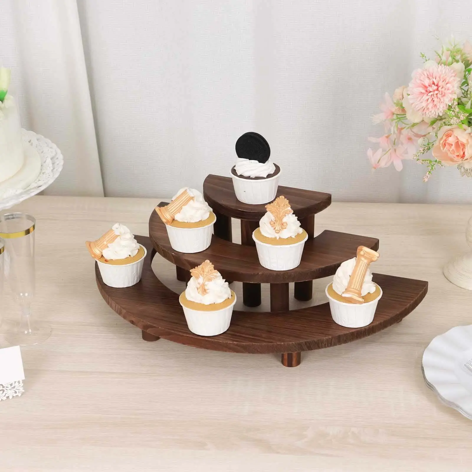 3-Piece Rustic Brown Wooden Cake Stand Set - 7in,13in,18in Semicircle 3-Tier Half Moon Cupcake Holder, Food Display Riser for Home Supplies, Decoration
