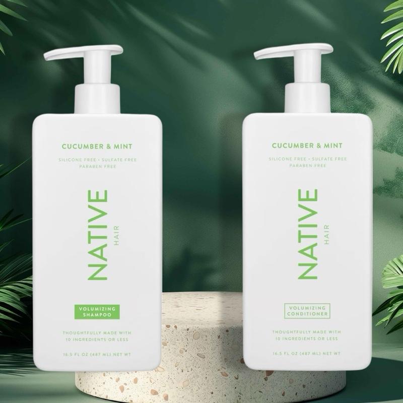 Vegan NATIVE Hair Cucumber & Mint Volumizing Shampoo and Conditioner Set - Sulfate Free Formula for Natural Hair Care