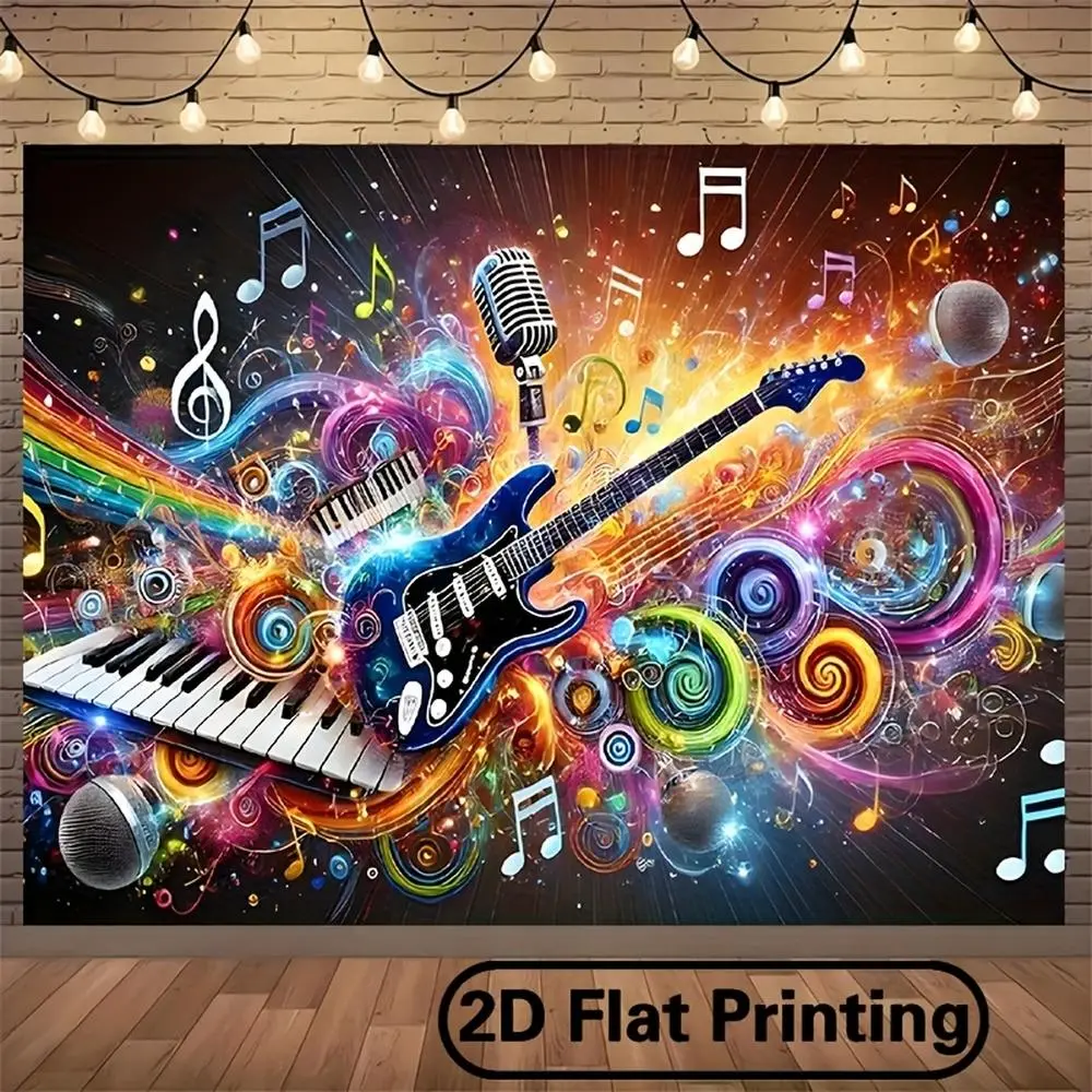 1pc Vibrant Electric Guitar & Microphone Music Party Backdrop, 2D Flat Colorful Polyester Banner, Party Decoration Supplies, Ideal for Birthday Decor, Indoor-Outdoor Use,summerwins