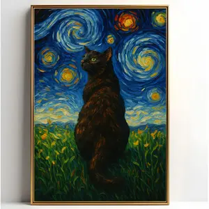 Painting of Pets Sitting on Hill Starry Night Generative AI Unframed Poster - Home Decor Trendy Retro Wall Art