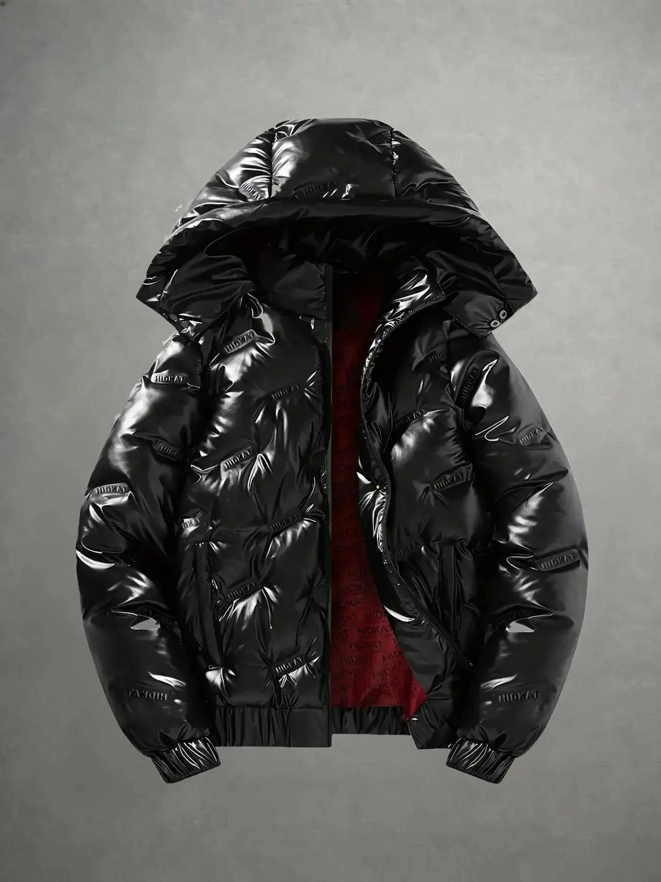 Men's Shiny Hooded Puffer Jacket. Full front zipper closure, all over embossed letter logos, red contrast lining, plump filling and relaxed fit. Suitable for outdoor trips and daily streetwear in autumn and winter.