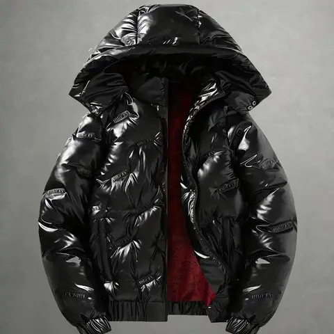 Men's Shiny Hooded Puffer Jacket. Full front zipper closure, all-over embossed letter logos, red contrast lining, plump filling and relaxed fit. Suitable for outdoor trips and daily streetwear in autumn and winter.