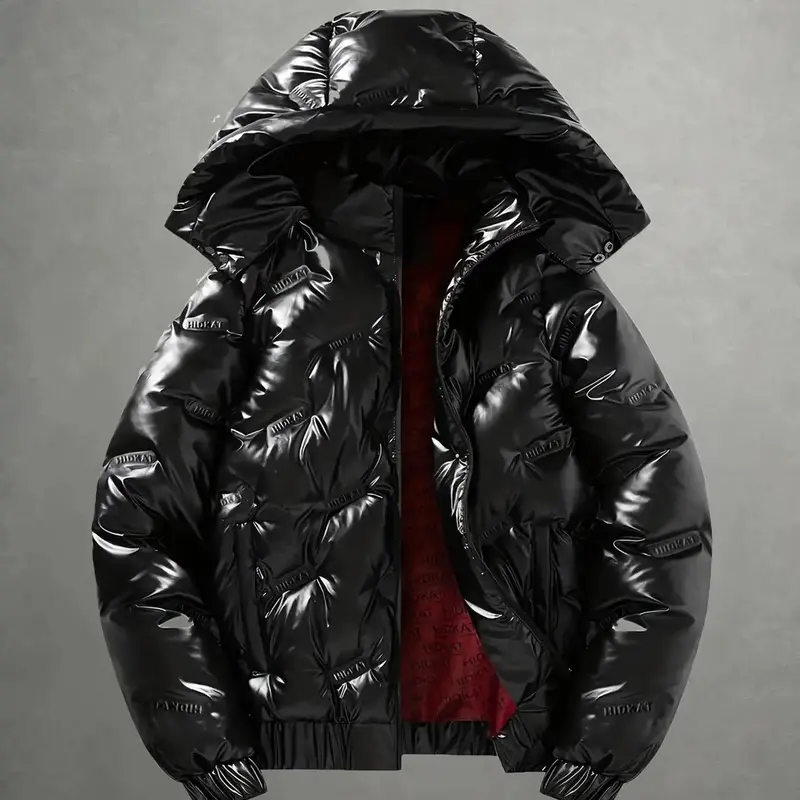 Men's Shiny Hooded Puffer Jacket. Full front zipper closure, all-over embossed letter logos, red contrast lining, plump filling and relaxed fit. Suitable for outdoor trips and daily streetwear in autumn and winter.