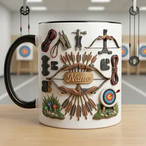 Custom Name Archery Mug, 2D Printed 3D Effect Archer Coffee Mug with Personalized Name, Faux 3D Bowhunter Mug for Archers and Hunting Lovers, Rustic Outdoor Archery Theme Mug, Perfect Birthday Christmas Father's Day Gift for Archery Enthusiasts