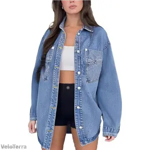 Womens Denim Jacket Wash Jean Jacket Coats With PocketsVeloTerraAB12PeakVibe