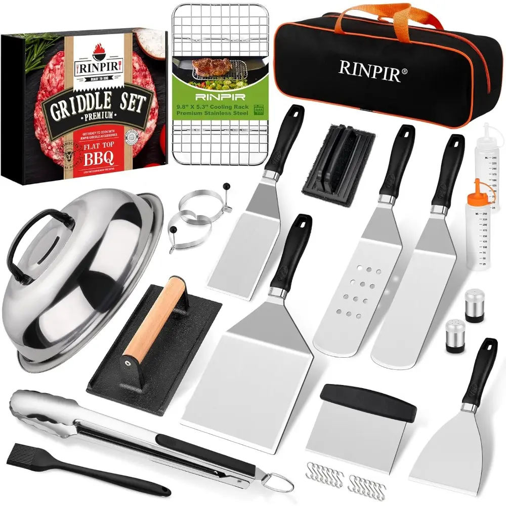 33PCS Durable Stainless Steel Barbecue Tool Set for Flat Top Grill - Silicone Handle Tools, Cooling Rack, Melting Dome, Burger Press, Professional Hibachi Spatula Kit, Ultimate Gift for Father's Day, Housewarmings Outdoor Teppanyaki BBQ