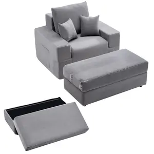 Chaise Lounge Chair, 44-Inch Boneless Modular Indoor Chaise, Oversized Corduroy Reading Chair With Throw Pillows And Armrests, Deep Seating Sofa Couch Sleeper For Living Room, Bedroom, Home Office, Grey