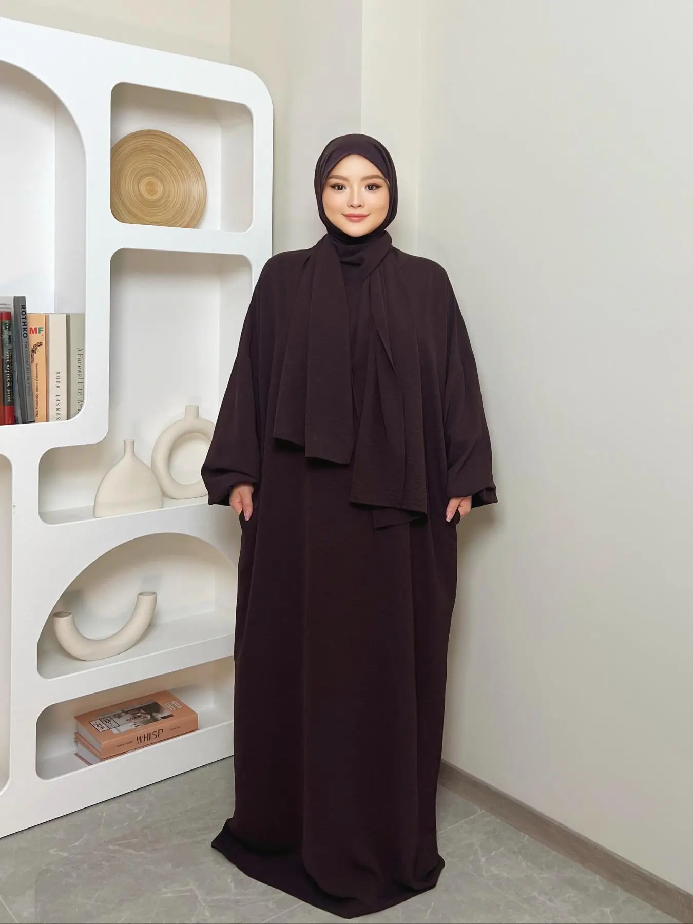 Women's Solid Drop Shoulder Hooded Kaftan, Modest Loose Fit Long Sleeve Maxi Muslim Dress, Islamic Clothing for Women