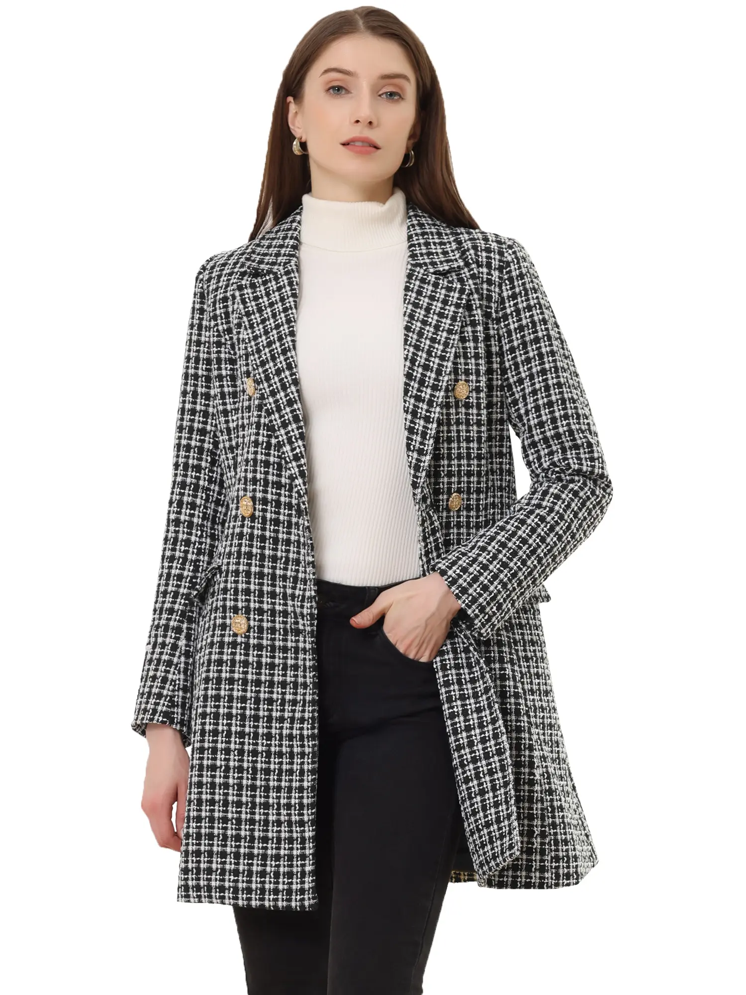 INSPIRE CHIC Plaid Tweed Coat Elegant Lapel Collar Double Breasted Blazer Outerwear