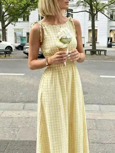 Women's Casual Plaid Long Dress, Sleeveless Tie Shoulder Elastic Waist A-Line Summer Flowy Dress, Perfect for Beach Vacation and Daily Wear